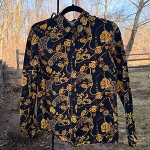 Vintage Baroque Chain Print Button-Up Silk Blouse